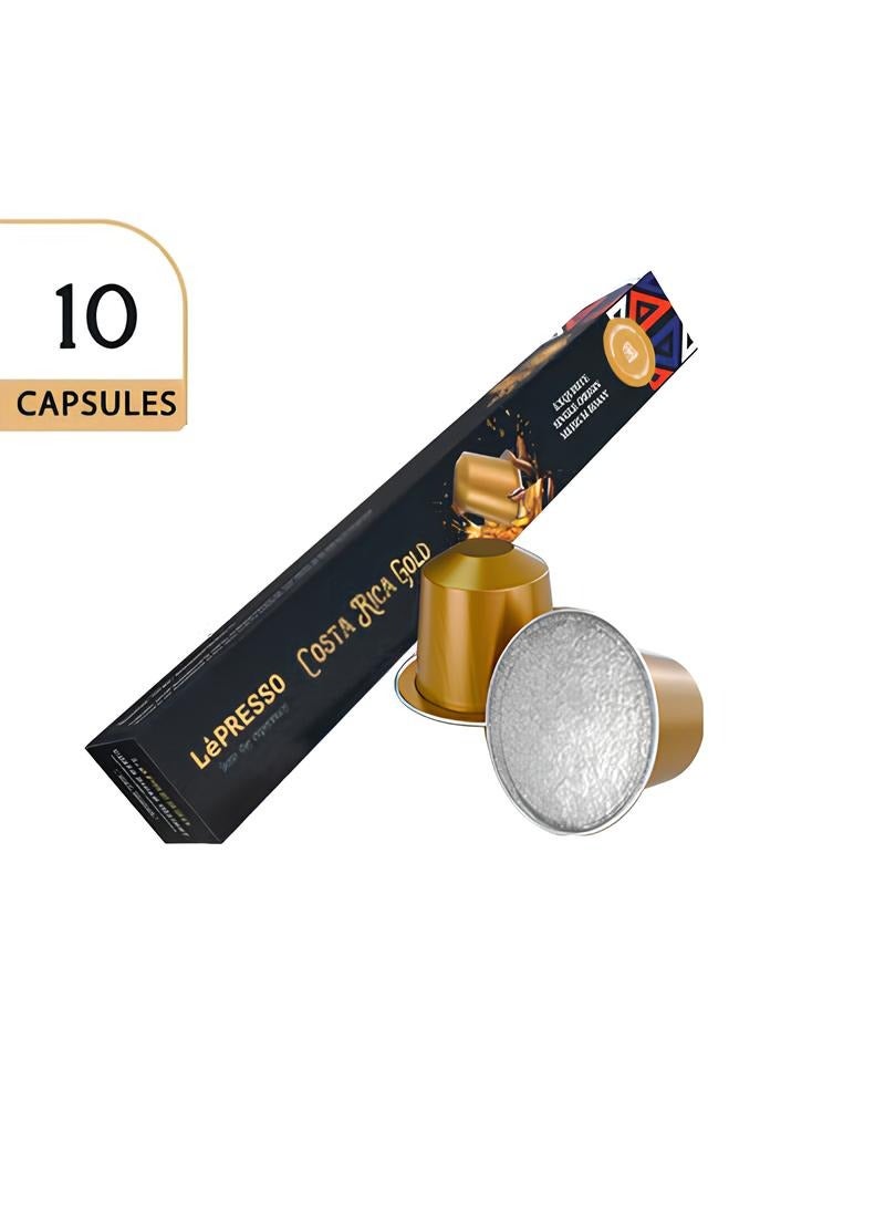 ليبرسو كبسولات ألومنيوم لقهوة نسبرسو المخلوطة كراميل والشوكولاتة الداكنة، 10 قطع، كوستاريكا جولد، كبسولات قهوة مطحونة محمصة، 100% أرابيكا مثالية، قهوة فاخرة من مصدر واحد، تحميص متوسط ​​- ذهب - Image 1